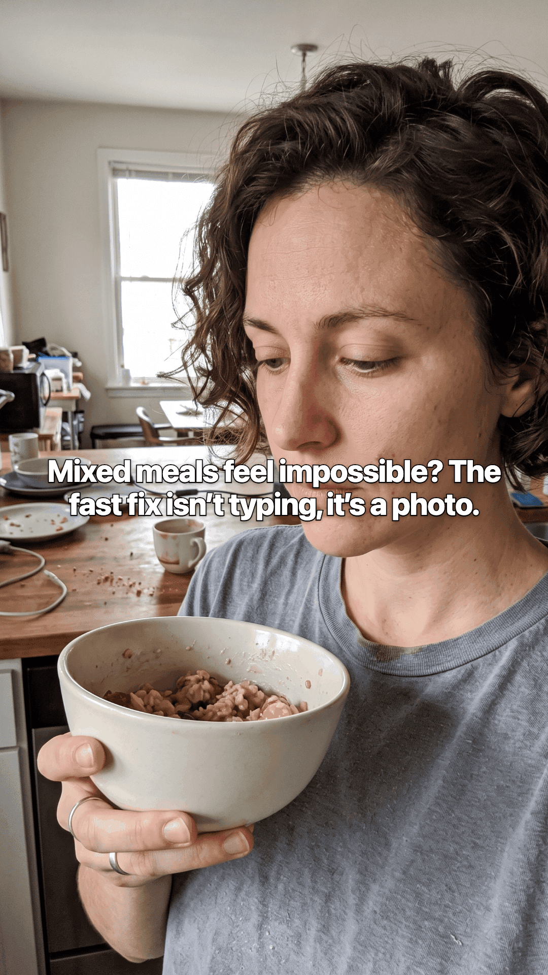 The first slide of a post made for Nutrima: a woman in a kitchen holding a bowl of oatmeal, with the opening line of the post across the photo.